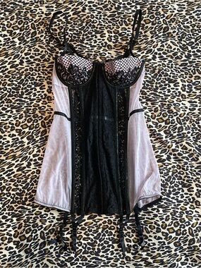 Victoria's Secret Black & Mesh Lace Bustier Chemise with Garter Ties